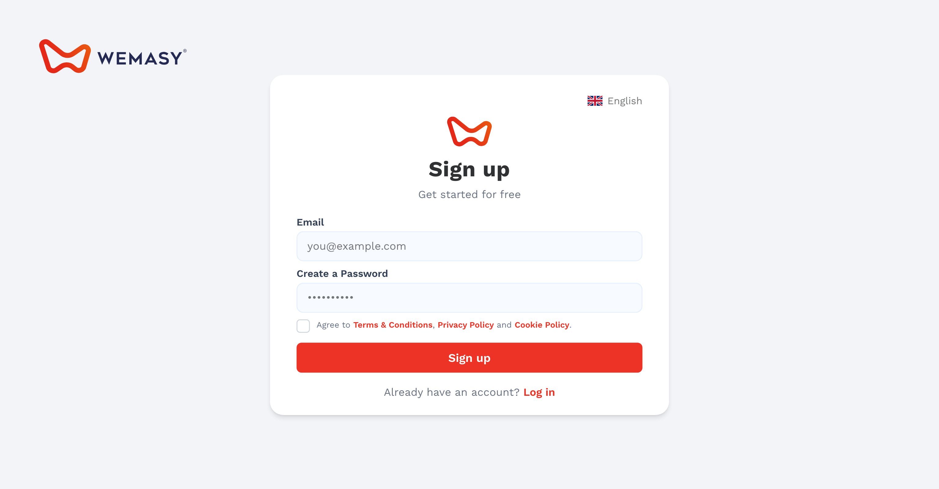 The WEMASY sign up screen with email and password fields