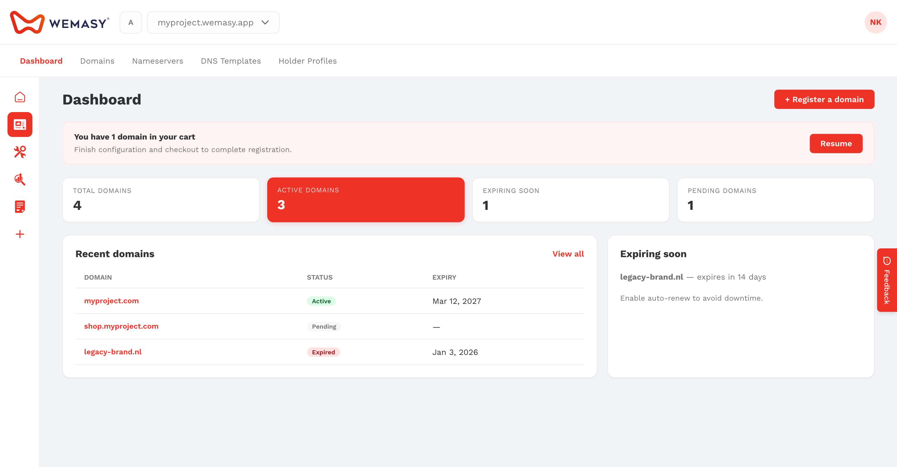The WEMASY Domains dashboard