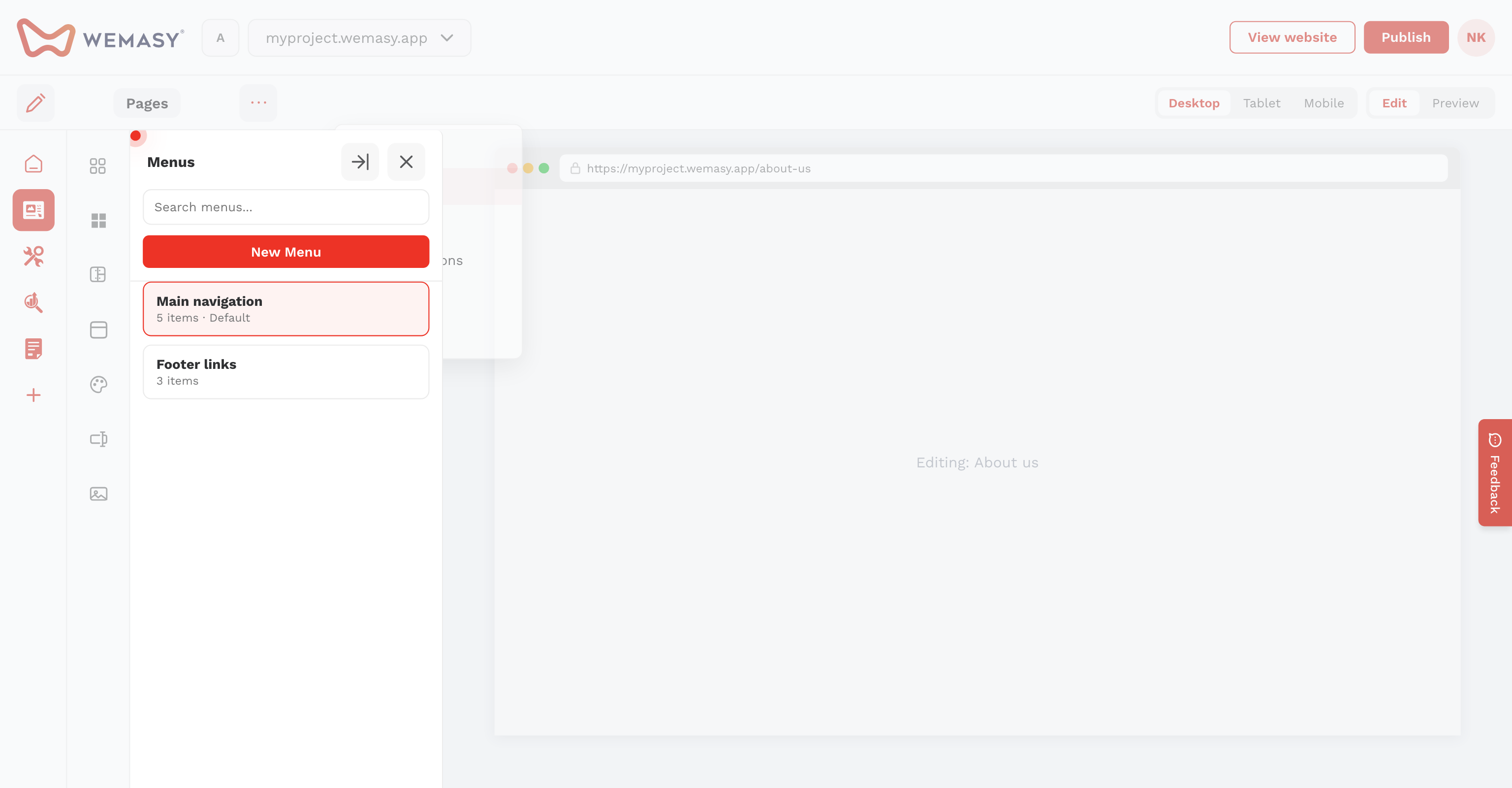 Website Builder — Default menu