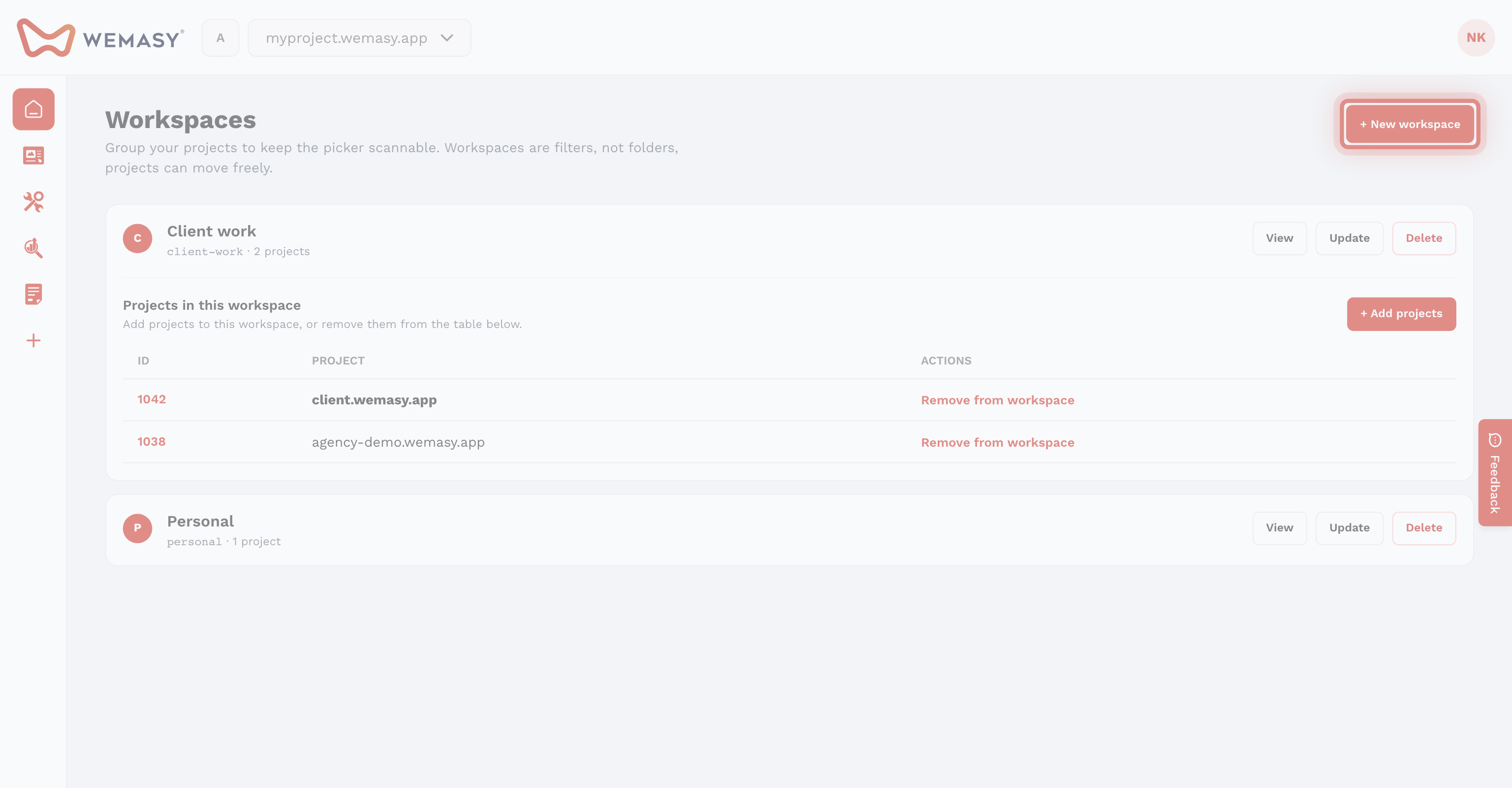 The WEMASY workspaces screen with New workspace button