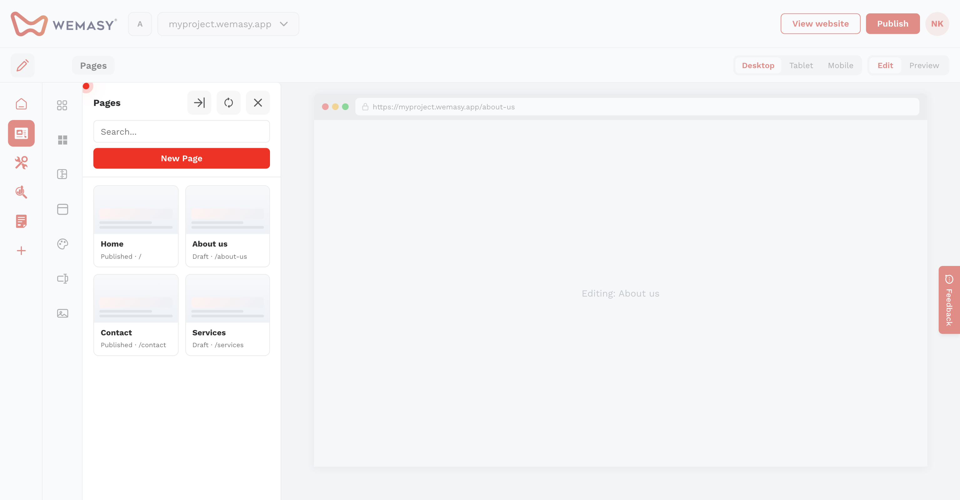 Website Builder — Open the Pages panel