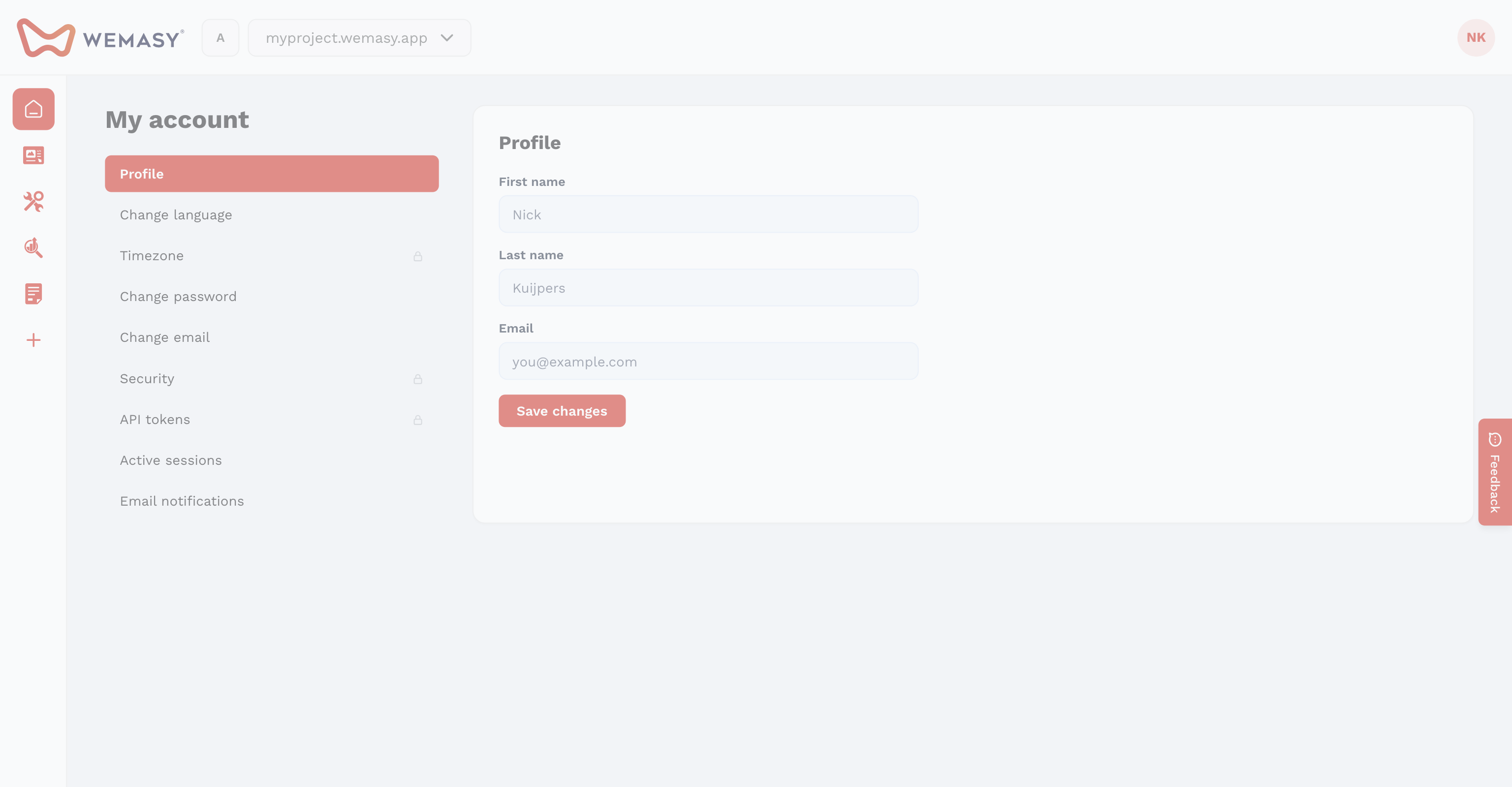 The WEMASY change email screen in My account
