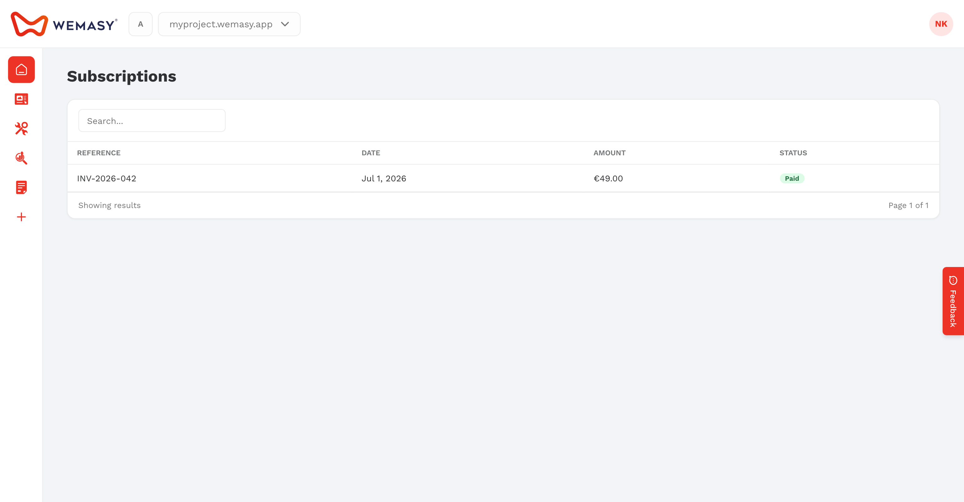 The WEMASY billing and subscriptions screen