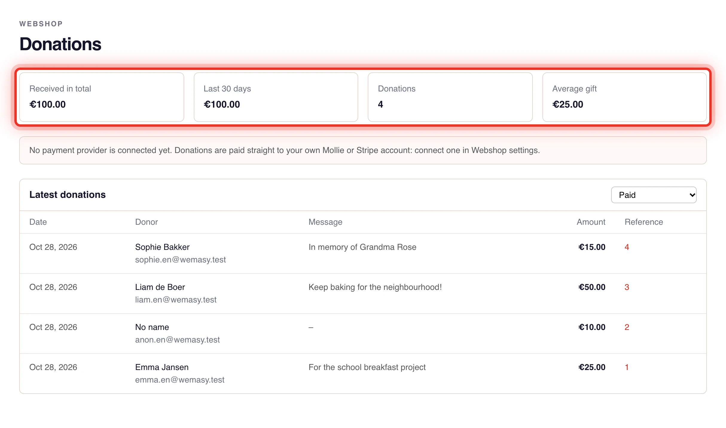 The Donations overview in the WEMASY Webshop with the totals and the latest donations