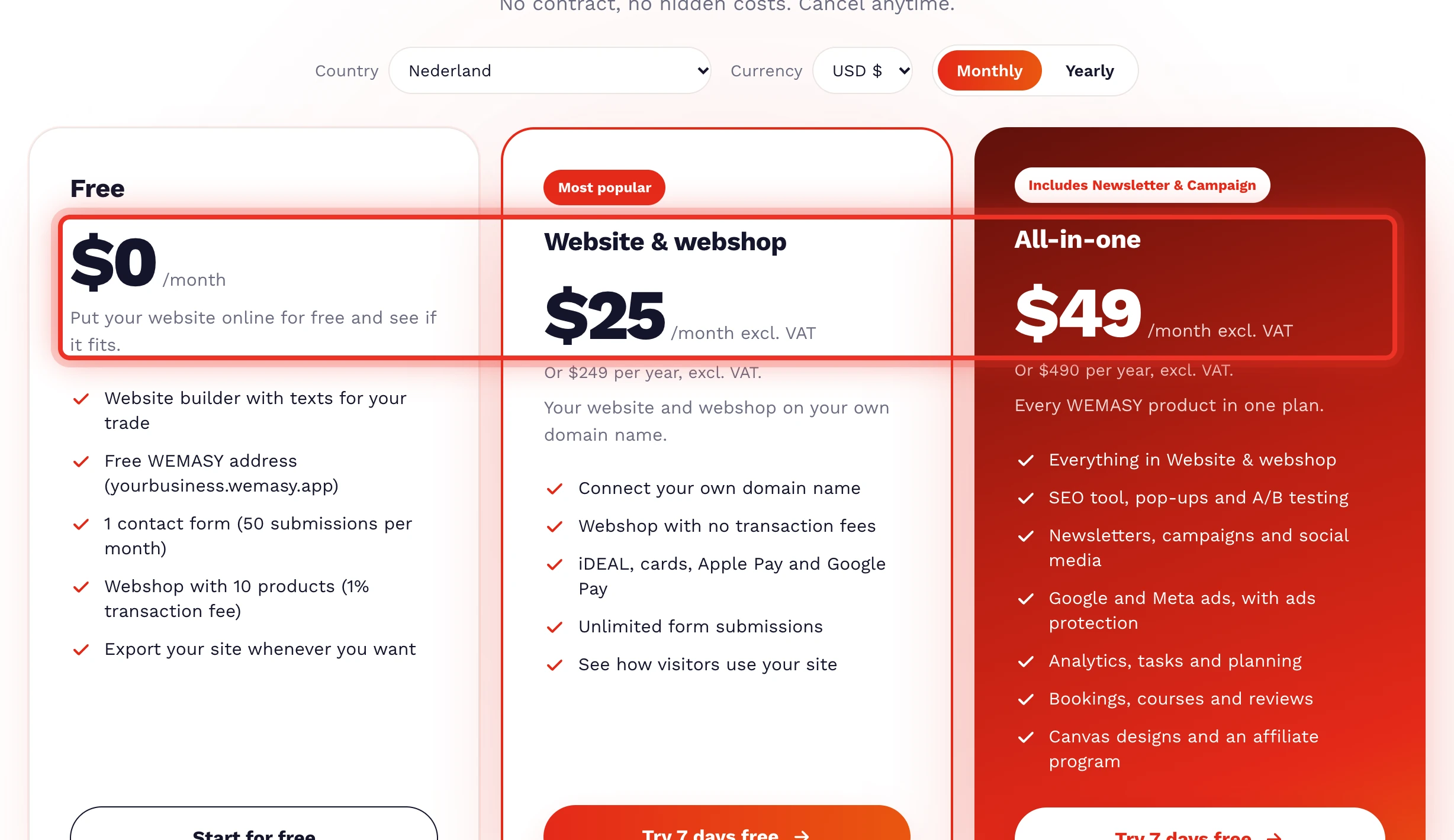 The WEMASY plan picker showing the plan prices in the currency of the account
