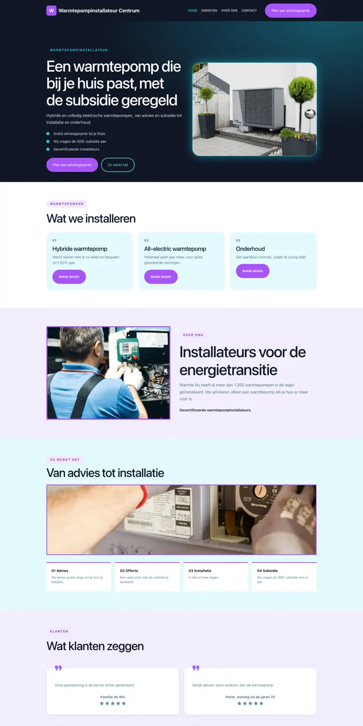 Example of a website for a heat pump installer