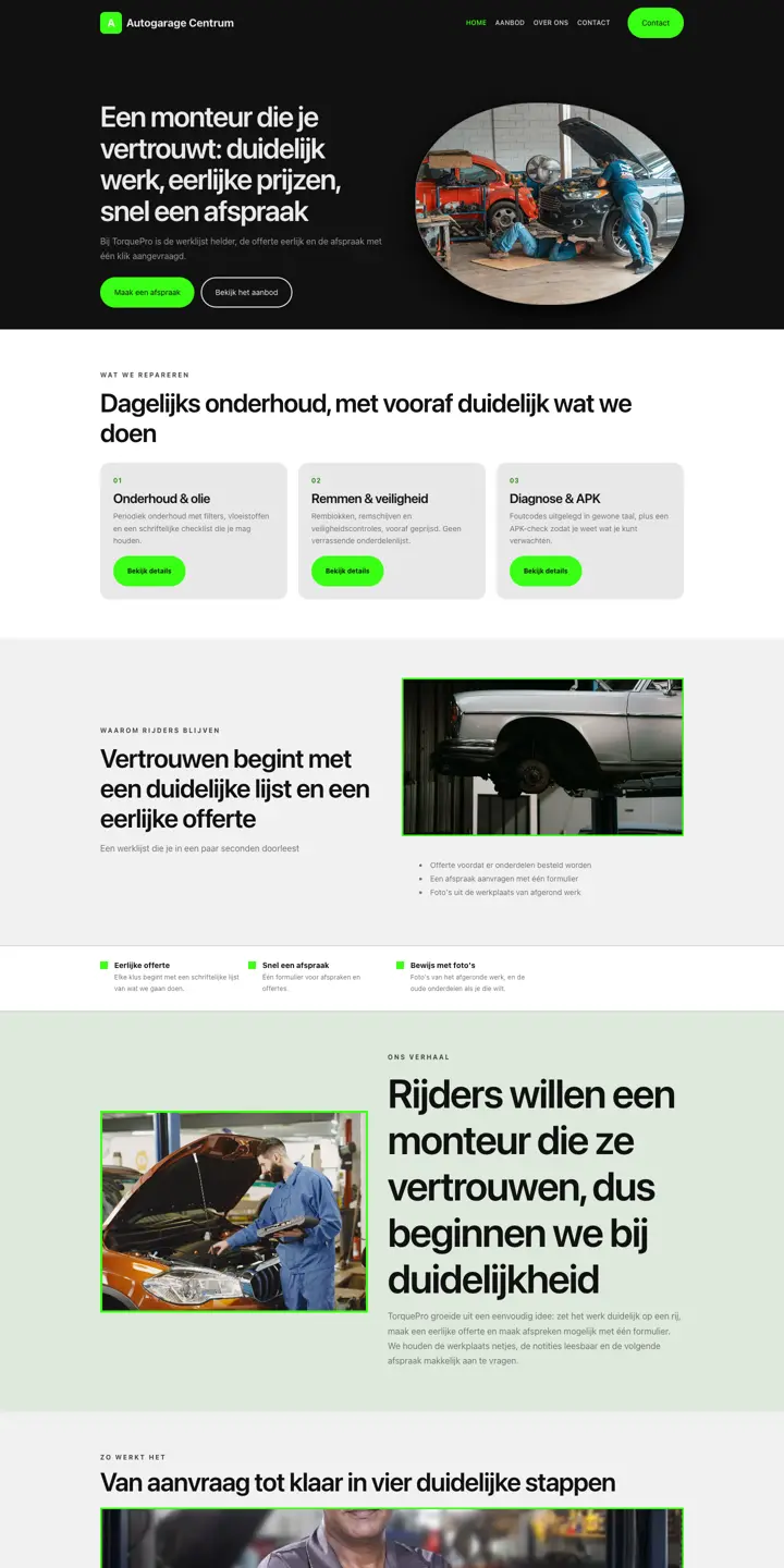 Example of a website for a car garage